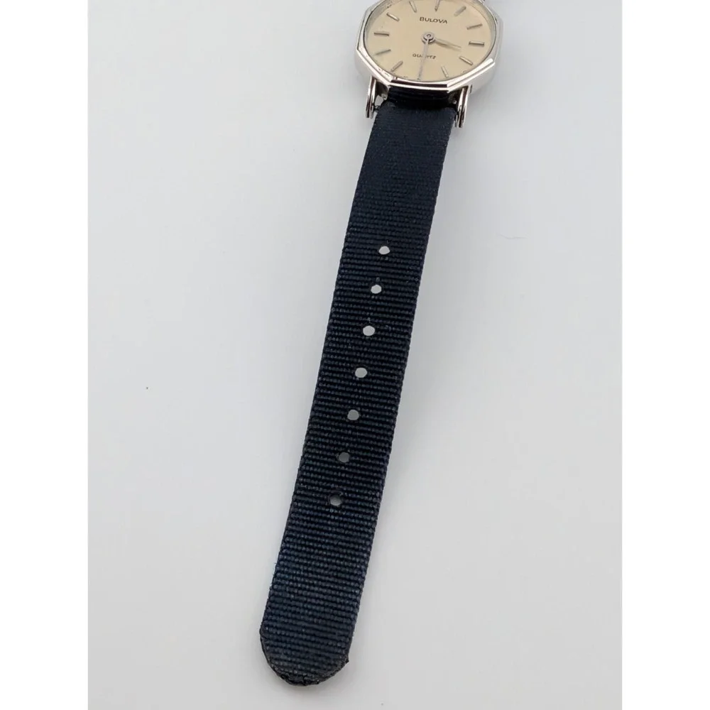 Rare Vintage Bulova Quartz Watch Women Silver 23mm Case Canvas Band- New Battery